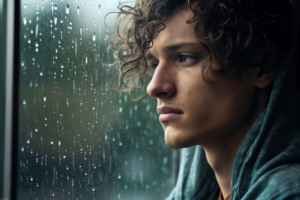 a teen looks out a window dramatically while experiencing xanax withdrawal symptoms