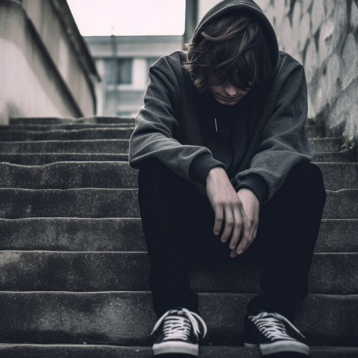 a teen sits on stairs and hangs their head to show signs of drugs and depression